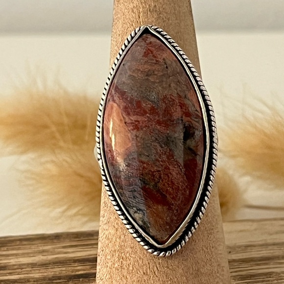 New 925 Stamped Sterling Silver Overlay Brecciated Jasper Gemstone Ring Size 8 - Picture 1 of 9